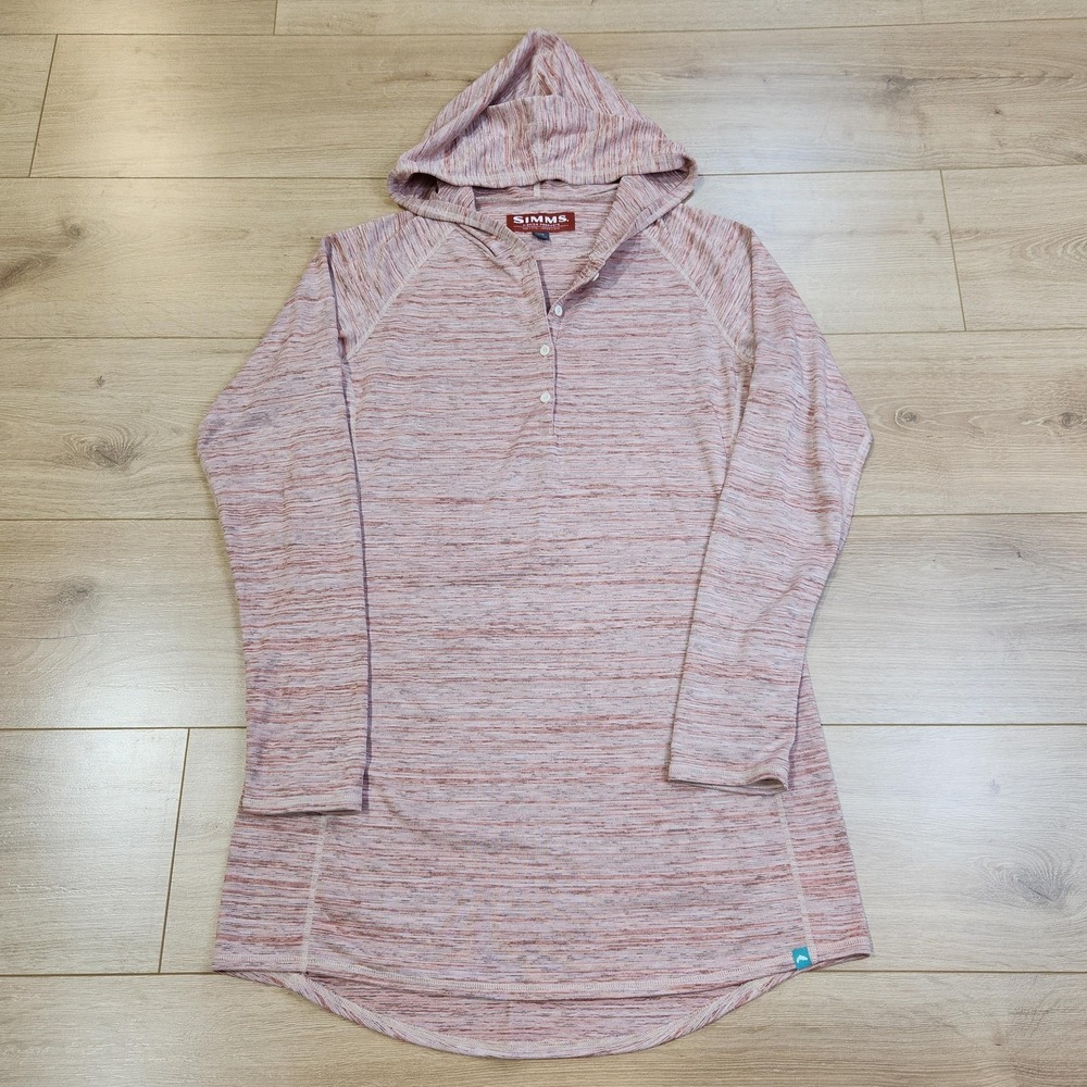 Simms Hooded Sun Shirt Womens Medium Pink Long Sleeve Henley Fishing Lightweight